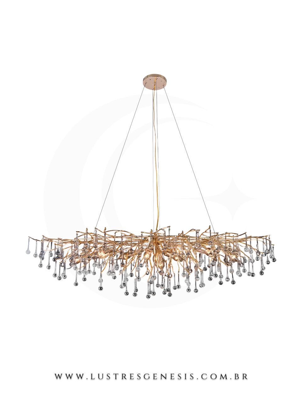 Lustre pendente de cristal moderno galho dourado Sindora, ideal para sala de jantar, quartos, sala de estar ou apartamento, com design sofisticado e detalhes em cristais.